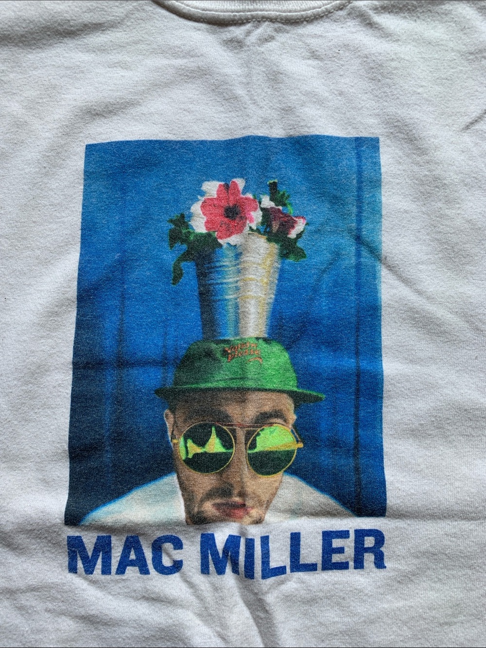 Mac Miller Graphic Crewneck Short-Sleeve Tee in White with Blue Print